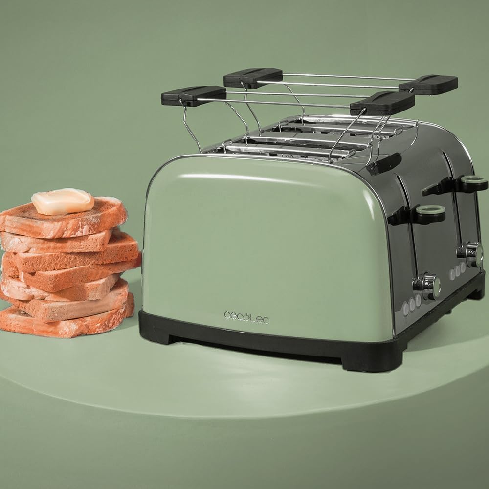 Cecotec Tostapane verticale Toastin' time 1700 Double Green, 1700W, Doppia fessura corta e larga 3,8 cm, Barre superiori, Acciaio Inoss, Spegnimento e Pop-up Automatico, Raccogli-briciole