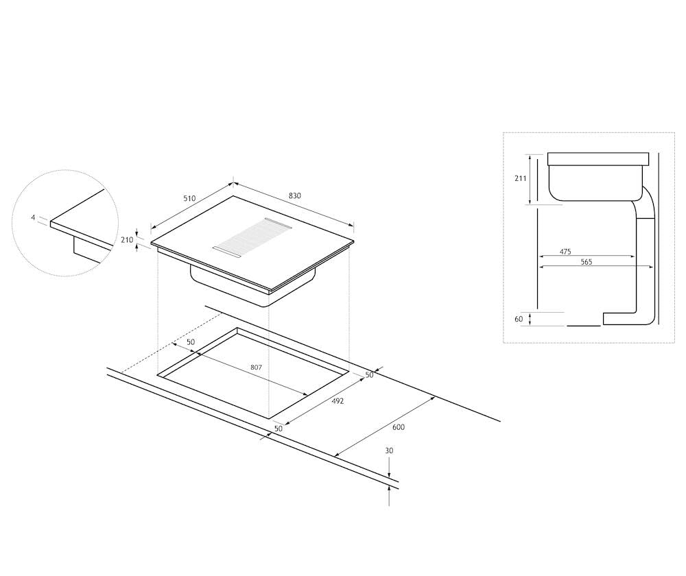 Haier Serie 6 HAIH8IFMCF - Piano cottura a induzione con cappa, 80 cm, funzionamento a ricircolo, funzionamento multi-slider, 4 zone con 2 zone flessibili, 9 livelli di potenza, incluso