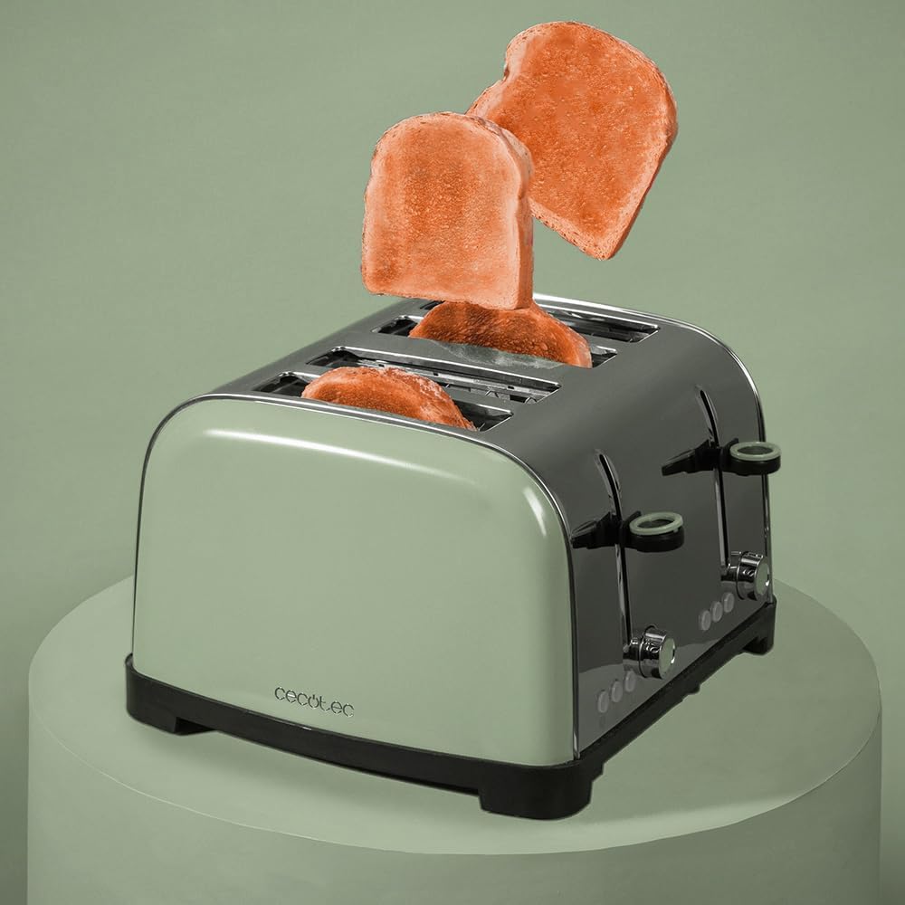Cecotec Tostapane verticale Toastin' time 1700 Double Green, 1700W, Doppia fessura corta e larga 3,8 cm, Barre superiori, Acciaio Inoss, Spegnimento e Pop-up Automatico, Raccogli-briciole