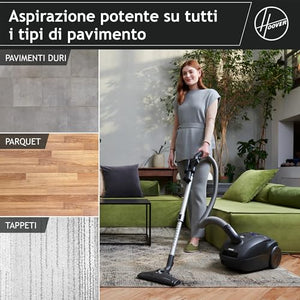 Hoover HP1 potente aspirapolvere senza sacchetto per pavimenti duri e tappeti, filtro antipolvere EPA, grande contenitore 2L, accessori integrati, raggio di lavoro 7,5 m