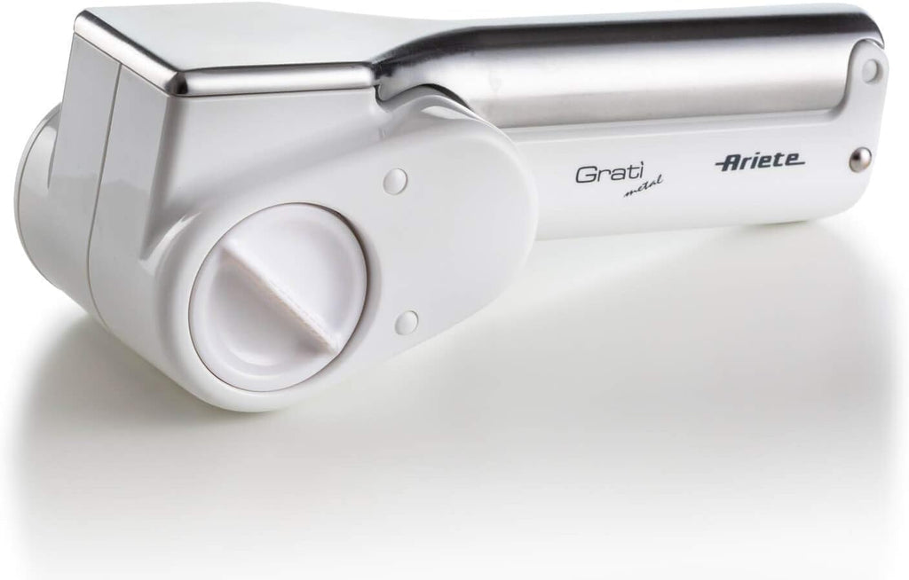 Ariete 44 Gratì Metal - Grattugia Elettrica Senza Filo - 1 kg formaggio con 1 ricarica - 2 rulli fori grandi e fini - bianco e argento
