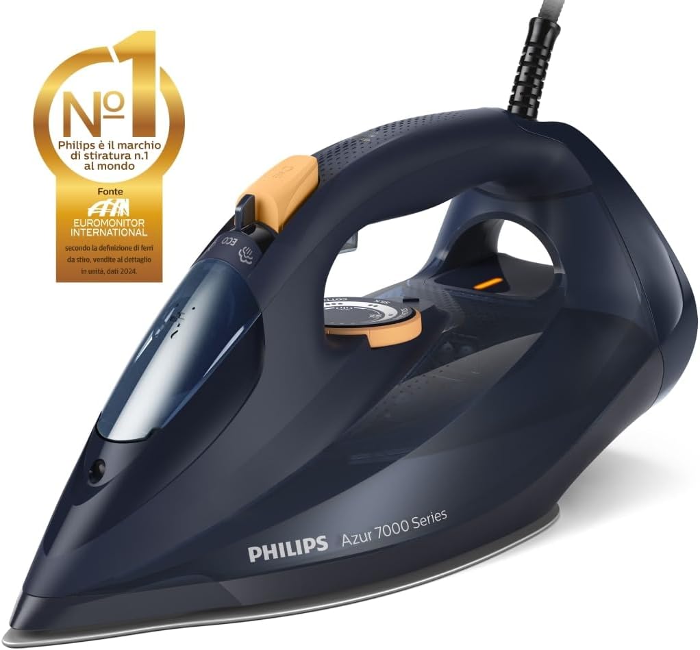 Philips Azur Serie 7000 Ferro da stiro a vapore - 3000 W, Vapore Continuo 55g/min, Colpo vapore da 250 g, vapore verticale, piastra SteamGlide Elite, Blu/Giallo (DST7060/20)
