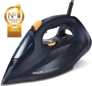 Philips Azur Serie 7000 Ferro da stiro a vapore - 3000 W, Vapore Continuo 55g/min, Colpo vapore da 250 g, vapore verticale, piastra SteamGlide Elite, Blu/Giallo (DST7060/20)