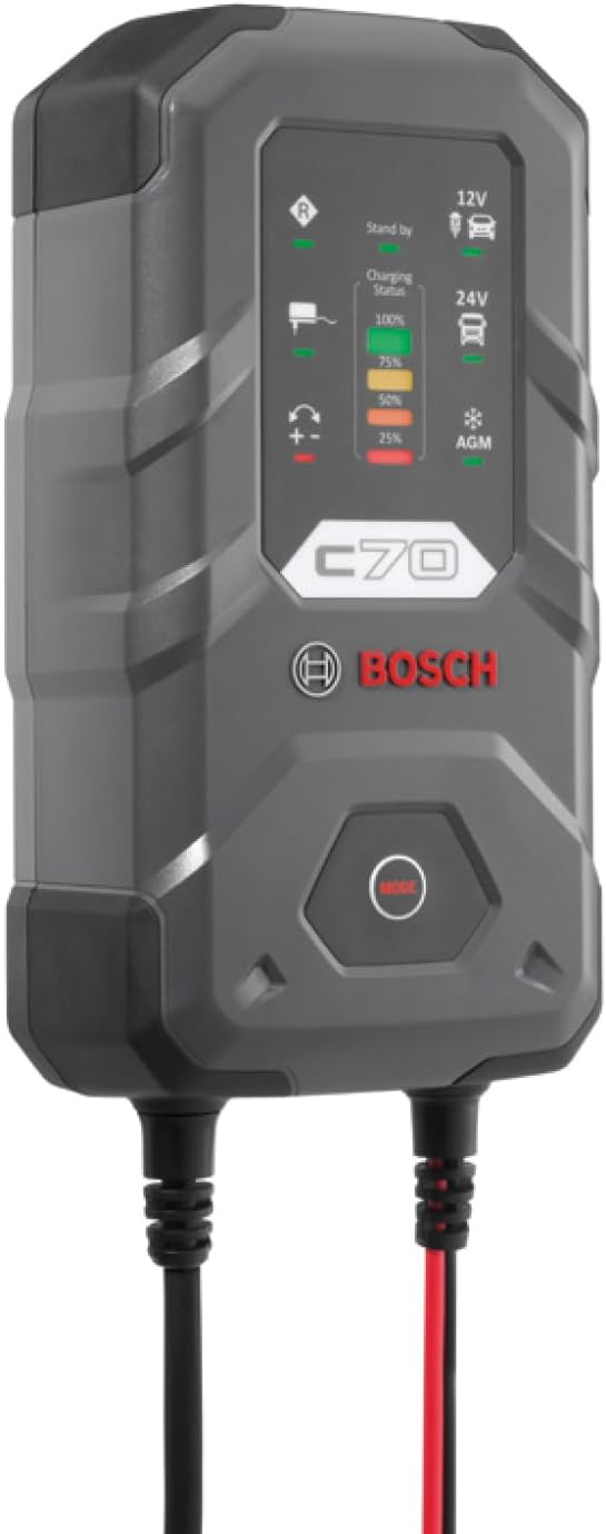 Bosch C70 Caricabatterie per Auto, 12 V - 24 V / 10 A, con Carica di mantenimento - Per batterie al Piombo-Acido, EFB, GEL, AGM e SLI da 12 V / 24 V