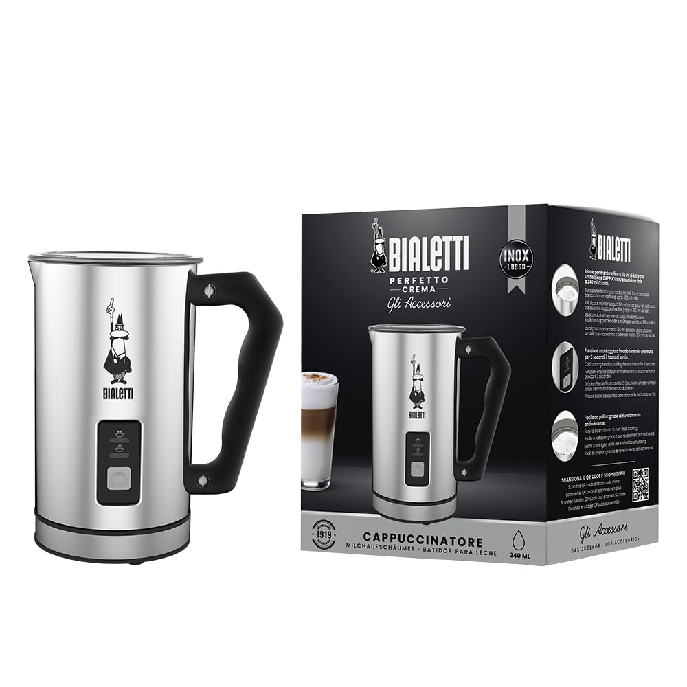 Bialetti Milk Frother Elettrico, Montalatte per Cappuccino, Capacità 150 ml Cappuccino o 300 ml Latte Caldo, Acciaio