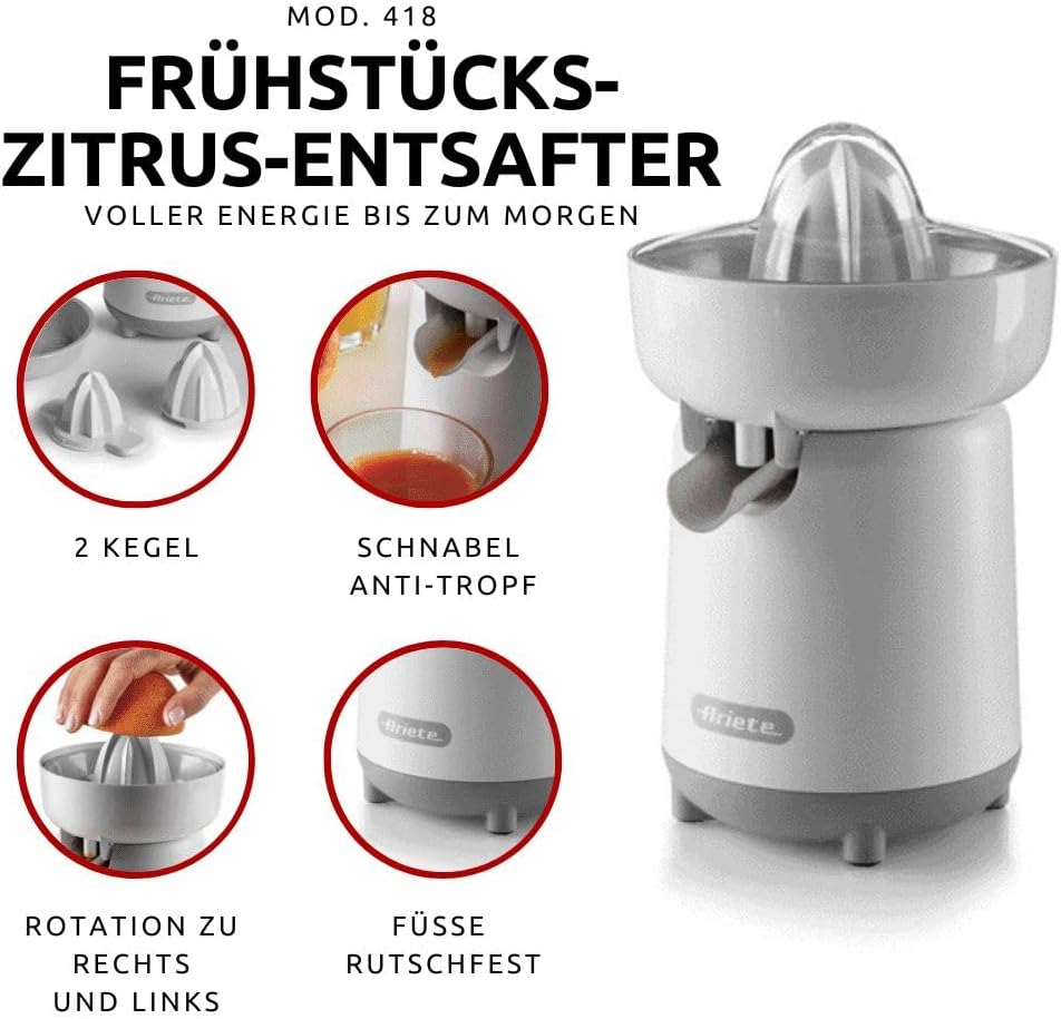 Ariete Spremiagrumi Breakfast 418, Spremiagrumi Elettrico con 2 Coni per Frutti Grandi e Piccoli, Beccuccio Salvagoccia, Doppia Rotazione, Coperchio di Protezione, Piedini Antiscivolo, 40W, Beige