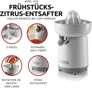 Ariete Spremiagrumi Breakfast 418, Spremiagrumi Elettrico con 2 Coni per Frutti Grandi e Piccoli, Beccuccio Salvagoccia, Doppia Rotazione, Coperchio di Protezione, Piedini Antiscivolo, 40W, Beige