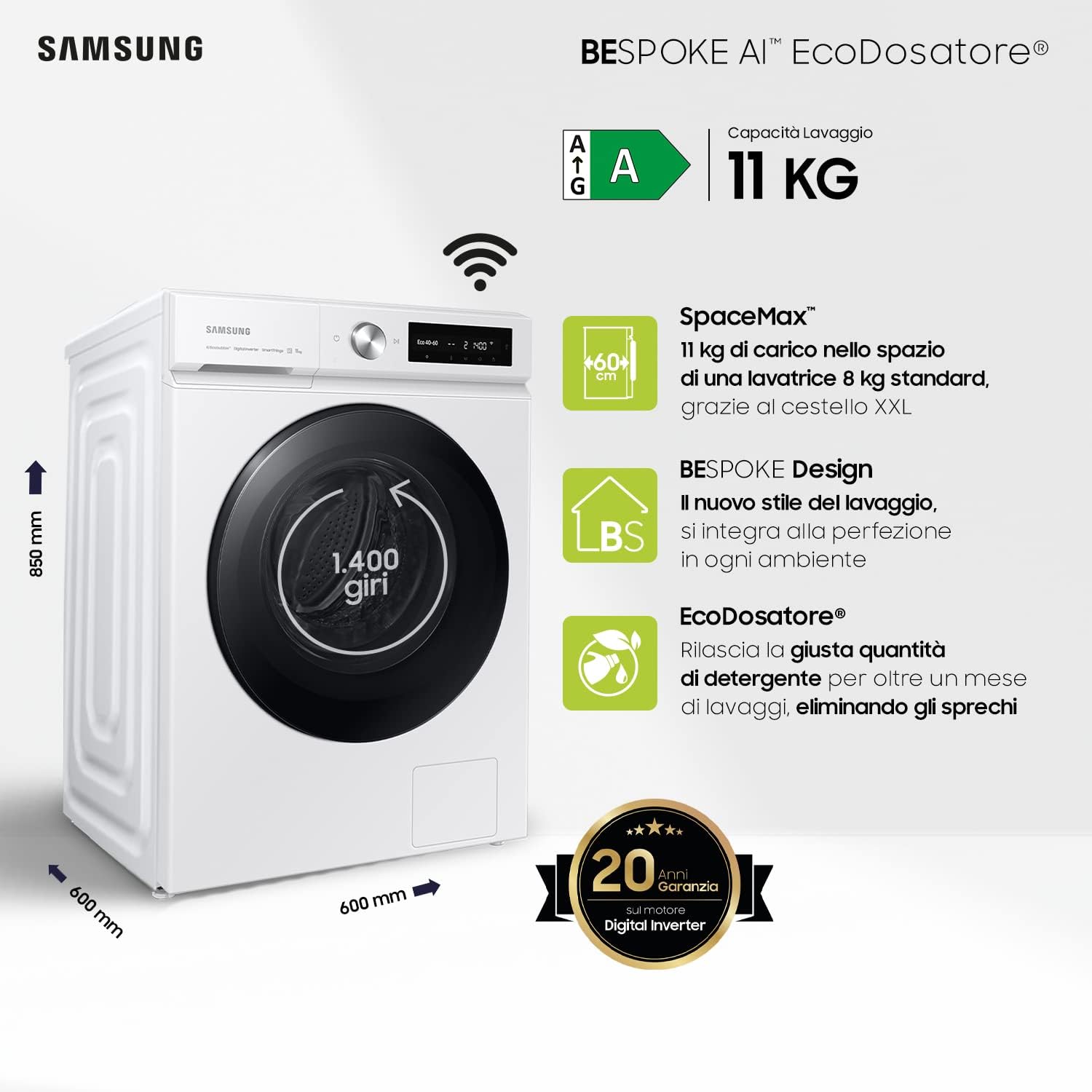 Samsung Lavatrice BESPOKE AI con Ecodosatore WW11BB744DGWS3 Libera installazione, 11 Kg, 1400 RPM, Classe A, Wifi, Vapore, Carica Frontale, 60l x 85h x 60p cm, Bianca con Oblò Nero