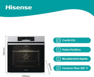 Hisense BI64211PX, Forno Multifunzione Termoventilato, Cavità XXL 77L , Auto Pulizia Pirolitica, 13 funzioni di cottura, Funzione pizza 300°C, Cottura AirFry, Cottura Multifase, Display Led