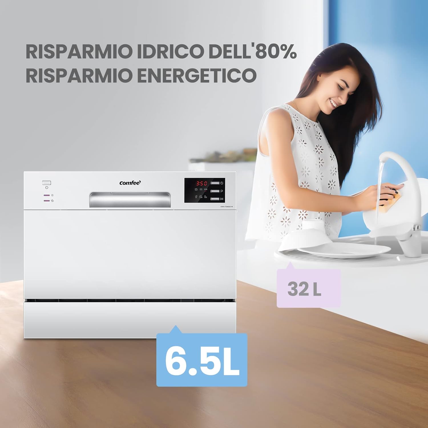 COMFEE' Lavastoviglie compatta da tavolo TD602E-W Mini lavastoviglie con 6 coperti, 6 programmi, display a LED, avvio ritardato e funzione di lavaggio nelle Ore non di Punta - Bianco