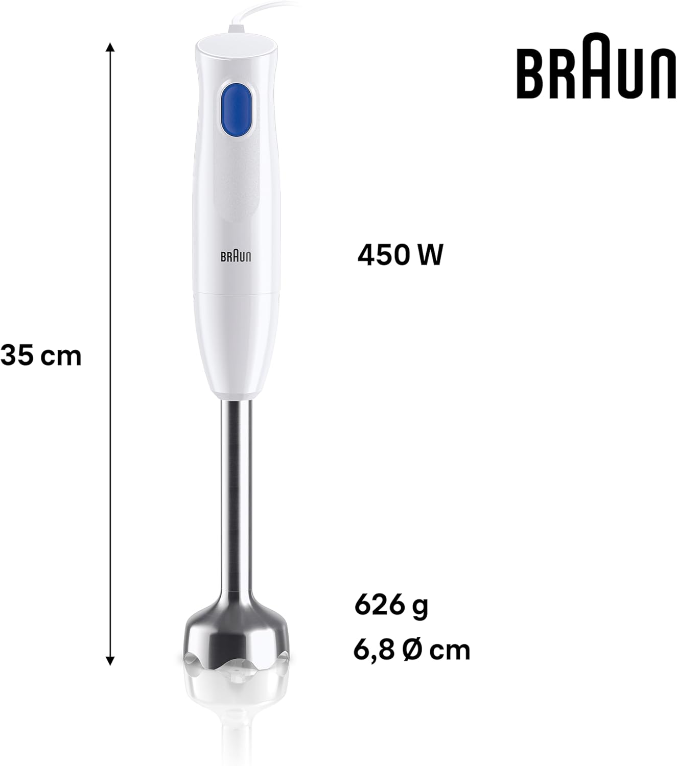 Braun MultiQuick 1 MQ10.201MWH con 5 ANNI DI ASSISTENZA, Frullatore ad Immersione Leggero, Tecnologia EasyTwist, Tritatutto da 350ml e Bicchiere da 600ml Inclusi, 450W, Bianco