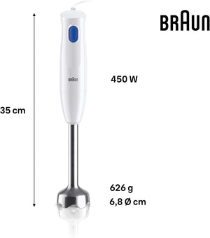 Braun MultiQuick 1 MQ10.201MWH con 5 ANNI DI ASSISTENZA, Frullatore ad Immersione Leggero, Tecnologia EasyTwist, Tritatutto da 350ml e Bicchiere da 600ml Inclusi, 450W, Bianco