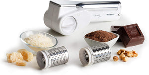 Ariete 44 Gratì Metal - Grattugia Elettrica Senza Filo - 1 kg formaggio con 1 ricarica - 2 rulli fori grandi e fini - bianco e argento