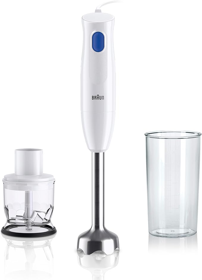 Braun MultiQuick 1 MQ10.201MWH con 5 ANNI DI ASSISTENZA, Frullatore ad Immersione Leggero, Tecnologia EasyTwist, Tritatutto da 350ml e Bicchiere da 600ml Inclusi, 450W, Bianco