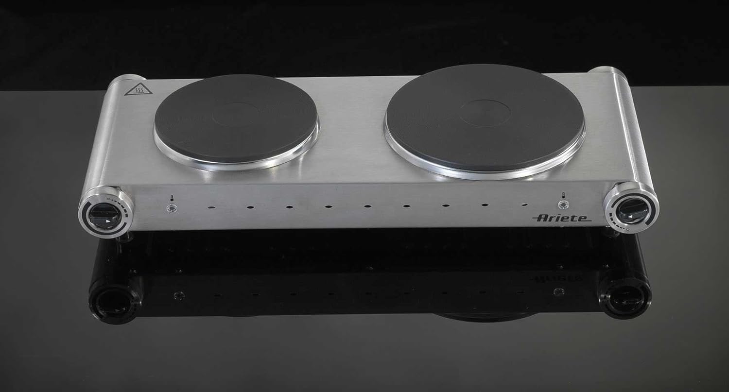 Ariete 994 Fornello elettrico da viaggio - Doppia piastra in Ghisa - Diametro 188 mm e 155 mm - Temperatura Regolabile - 2500 Watt - Acciaio