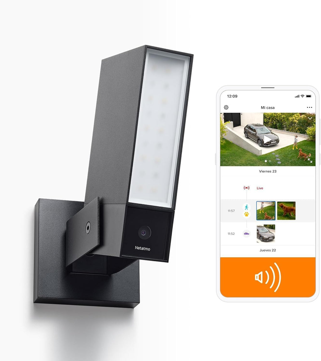Netatmo Telecamera WIFI Esterna Intelligente con Sirena da 105 dB, Luce Integrata 12W, Video HD 1080p 4MP, Rilevamento di persone/animali/veicoli, Visione Notturna, senza Abbonamenti, NOC-S-AMZ