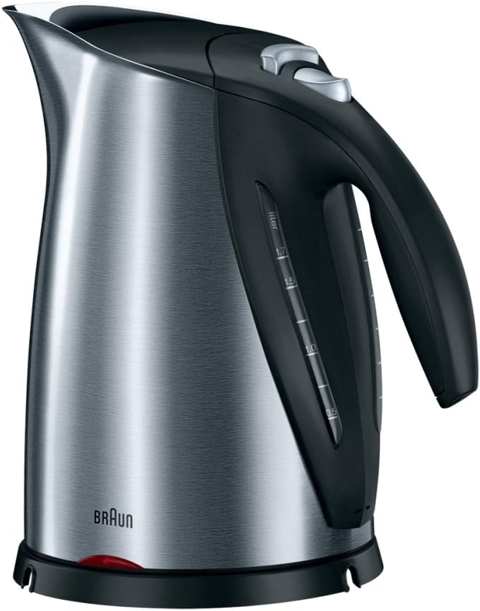 Braun WK600 Bollitore d'Acqua, Capacità 1,7L, Qualità Tedesca, Base Girevole 360°, Filtro Anticalcare Estraibile e Lavabile, Funzione ECO, Sistema di Sicurezza a 4 Vie, Spegnimento Automatico, Acciaio