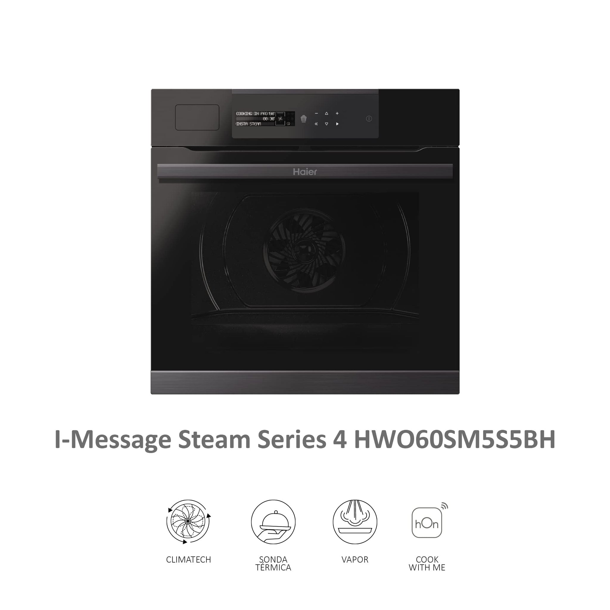 Haier Serie 4, HWO60SM5S5BH, forno a vapore, 70 litri, 3 resistenze, Wi-Fi, sonda termica, climatech, doppia illuminazione laterale, pulizia h2O, classe A+, nero