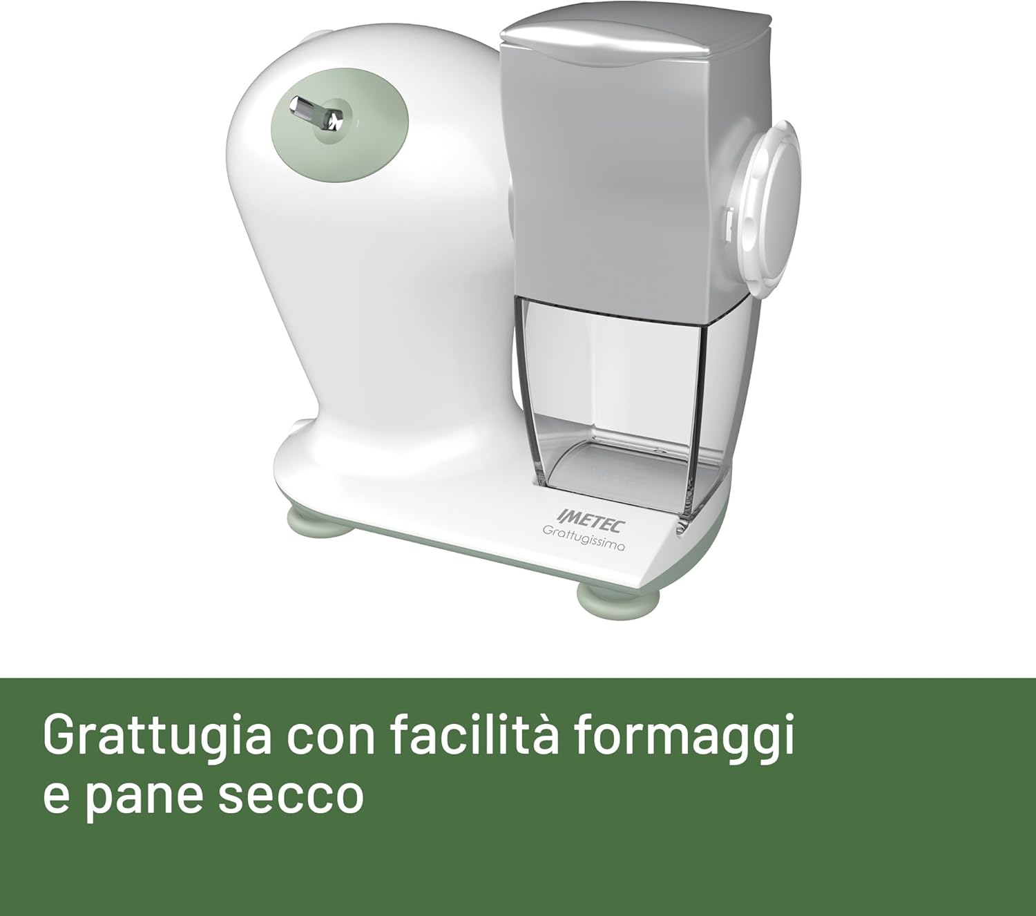 Imetec Grattugissima, Grattugia Elettrica per Formaggio, Pane e Frutta Secca, Contenitore Estraibile, Coperchio Salvafreschezza, 150 W, Rullo in Acciaio, Accessori Lavabili in Lavastoviglie
