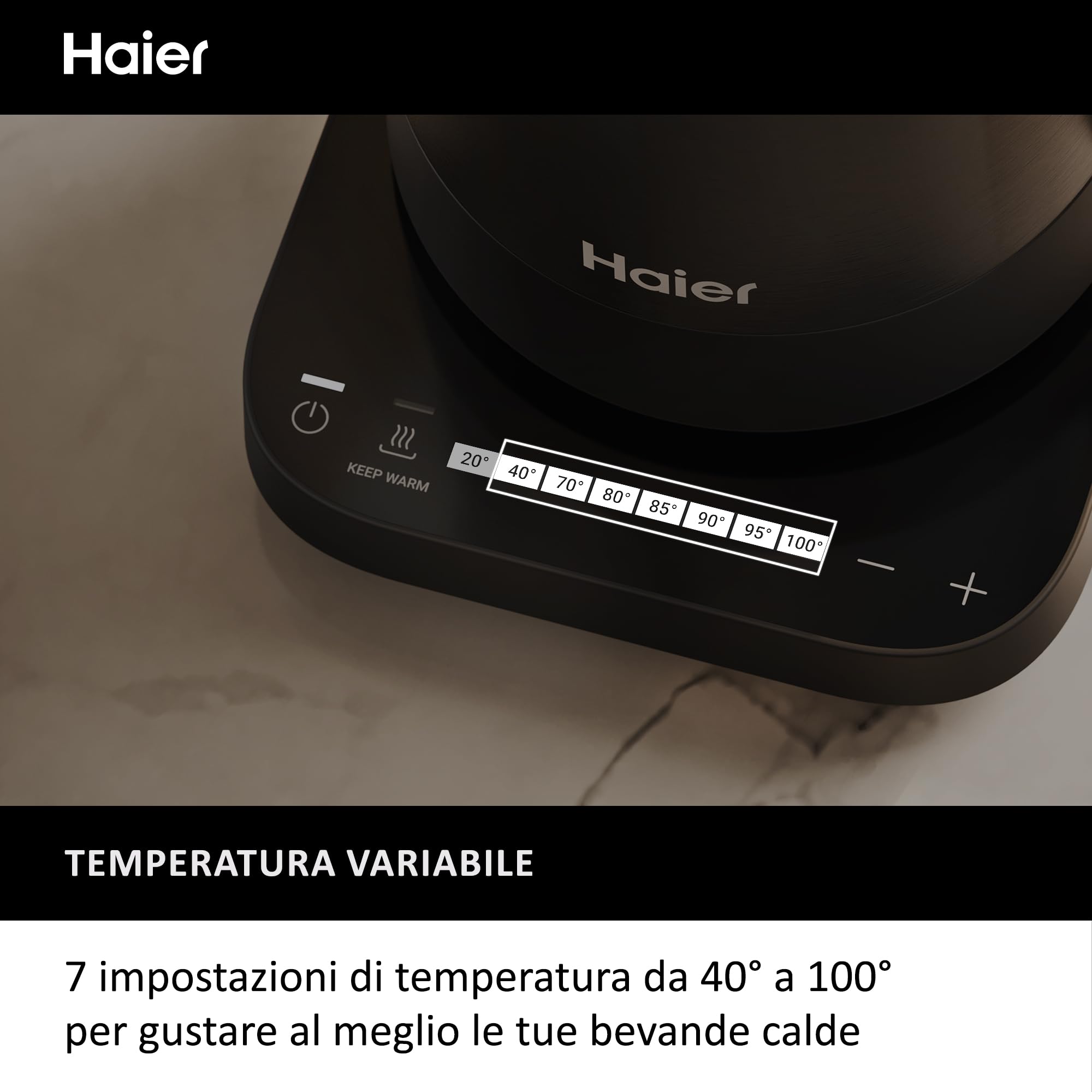 Haier Bollitore I-Master Serie 5, Acciaio inox, Capacità 1,7 L, 7 livelli di temperatura 40-100, Funzione Keep Warm, Bollitura per tazza singola, 2000 W [Nero]