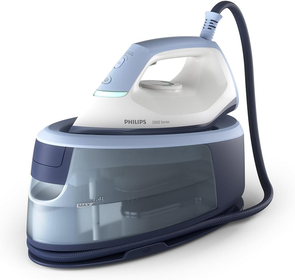 Philips Ferro da stiro con Generatore di Vapore Serie 3000, 2400W, 120g/min di Vapore Continuo, Colpo Vapore da 350g, 6 Bar, Vapore Verticale, Piastra in Ceramica, Azzurro Intenso (PSG3000/20)