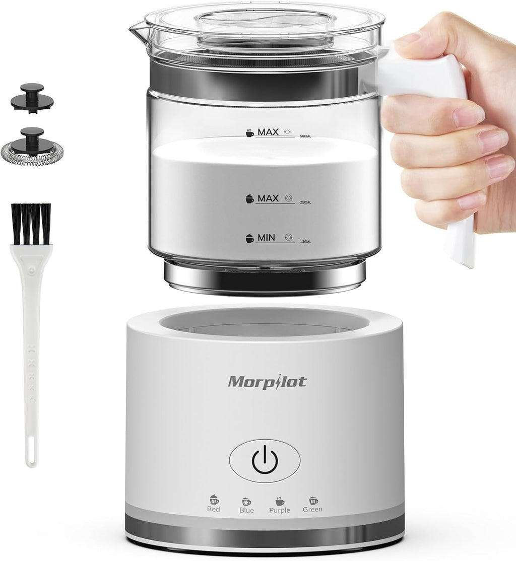 Montalatte Elettrico, Morpilot Milk Frother in Vetro, Spegnimento Automatico, 4 in 1 Funzione, Capacità 250ml Cappuccino o 500 ml Latte Caldo, Design Diviso, Bianco