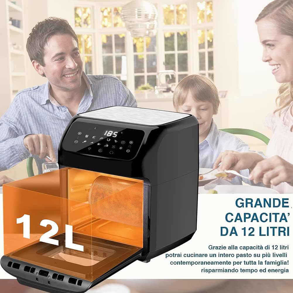 Bakaji Forno Friggitrice ad Aria Calda Frigge Cuoce Griglia Essicca Senza Olio Airfryer Capacità 12Lt Display LED Touch 12 Programmi Timer Regolazione Temperatura Potenza 1800W (Nero)