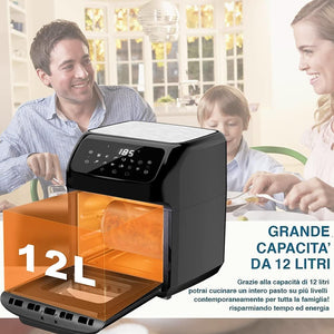 Bakaji Forno Friggitrice ad Aria Calda Frigge Cuoce Griglia Essicca Senza Olio Airfryer Capacità 12Lt Display LED Touch 12 Programmi Timer Regolazione Temperatura Potenza 1800W (Nero)