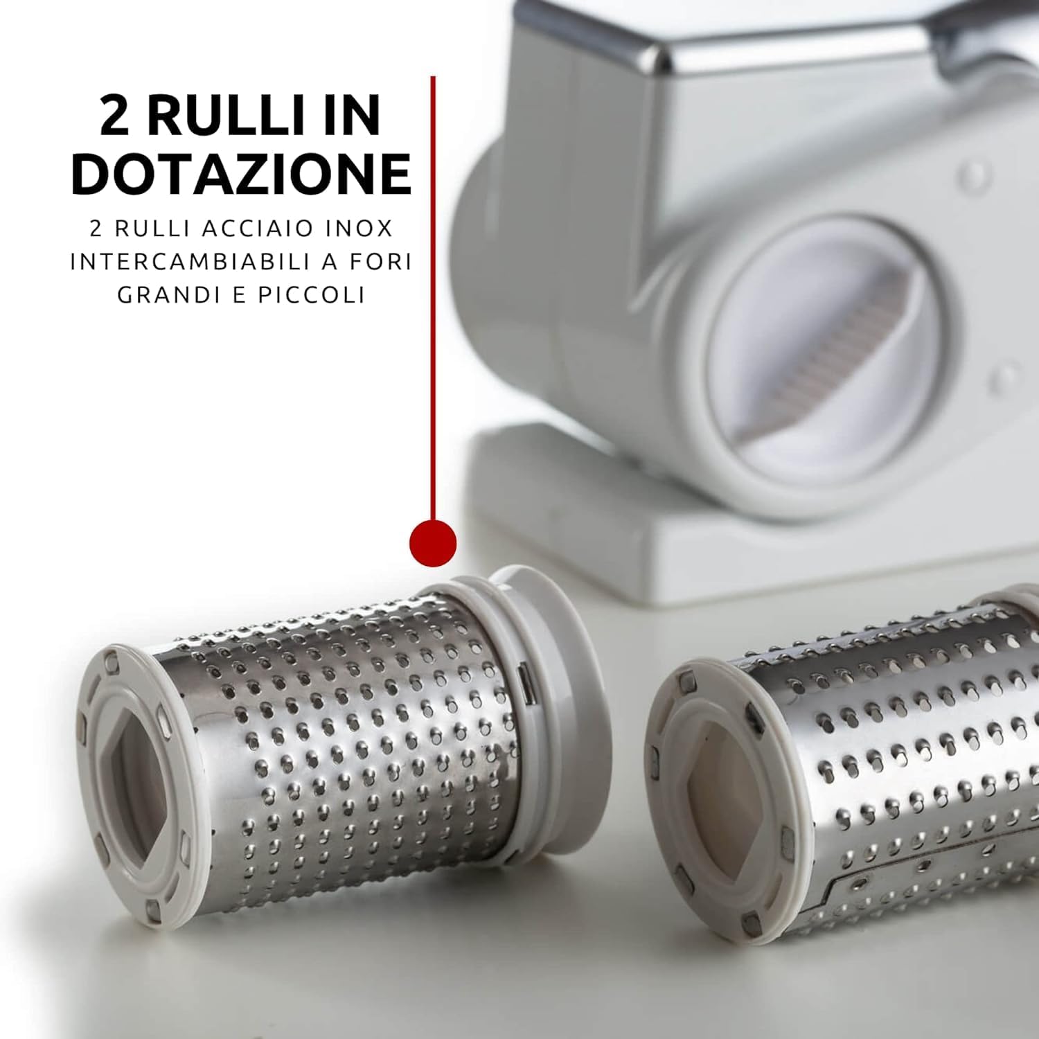Ariete 44 Gratì Metal - Grattugia Elettrica Senza Filo - 1 kg formaggio con 1 ricarica - 2 rulli fori grandi e fini - bianco e argento