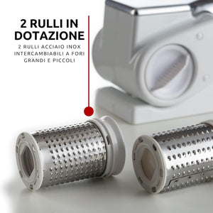 Ariete 44 Gratì Metal - Grattugia Elettrica Senza Filo - 1 kg formaggio con 1 ricarica - 2 rulli fori grandi e fini - bianco e argento
