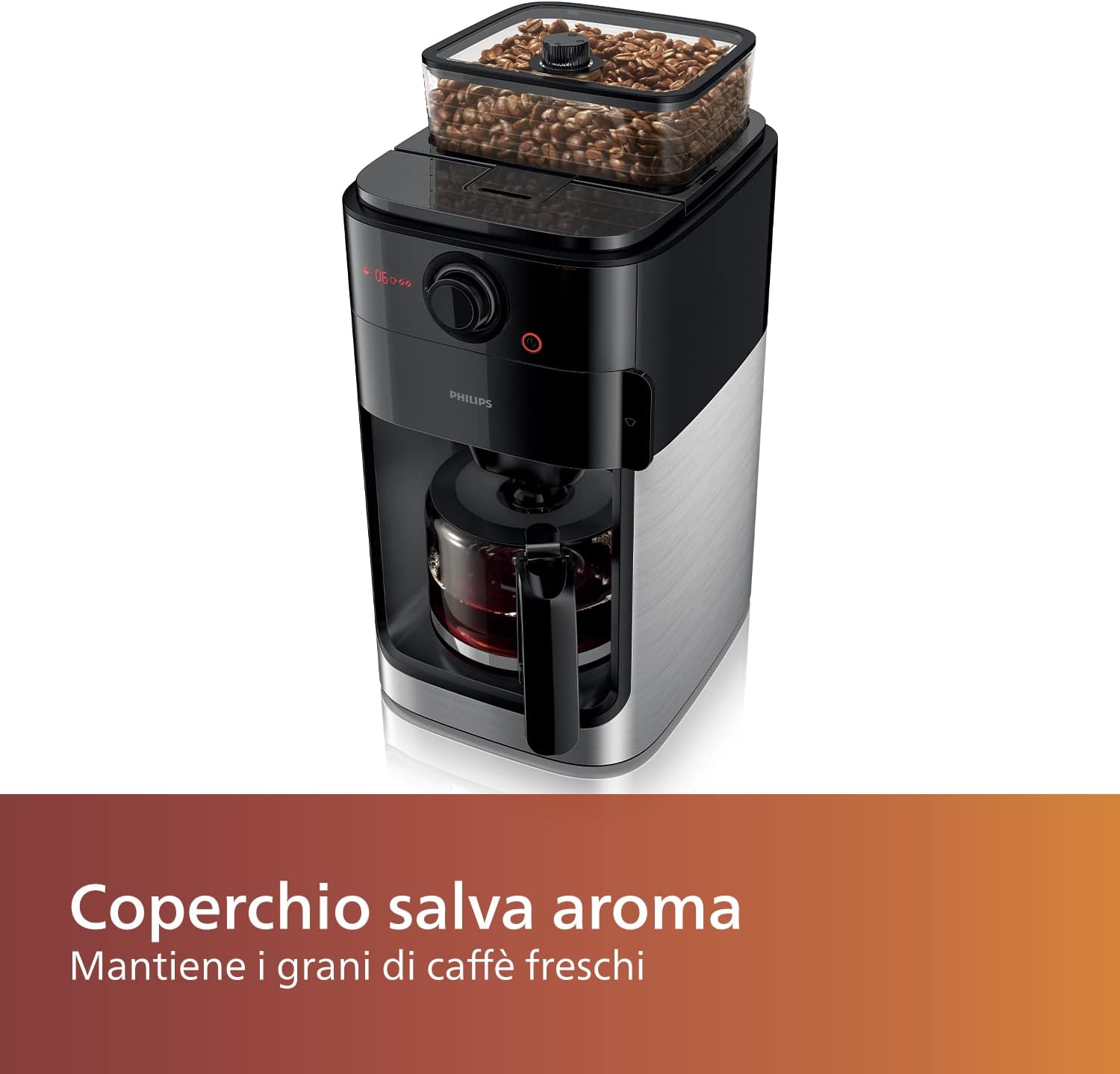 Philips Macchina da Caffè Americano con Macinacaffè - Caraffa in Vetro da 1.2 L, 12 Tazze, Nero/Metallo (HD7767/00)