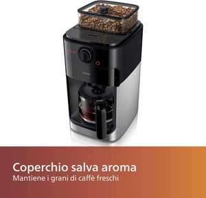 Philips Macchina da Caffè Americano con Macinacaffè - Caraffa in Vetro da 1.2 L, 12 Tazze, Nero/Metallo (HD7767/00)