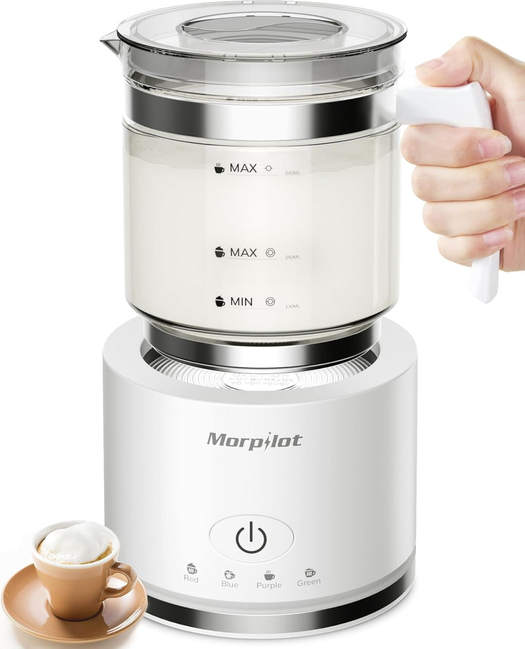 Morpilot Montalatte Elettrico, Montalatte Elettrico in Vetro, 4 in 1 Funzione, Grande Capacità 500 ml, Design Diviso, Adatto per Caffè, Latte Caldo, Cappuccino, Macchiato,ecc.