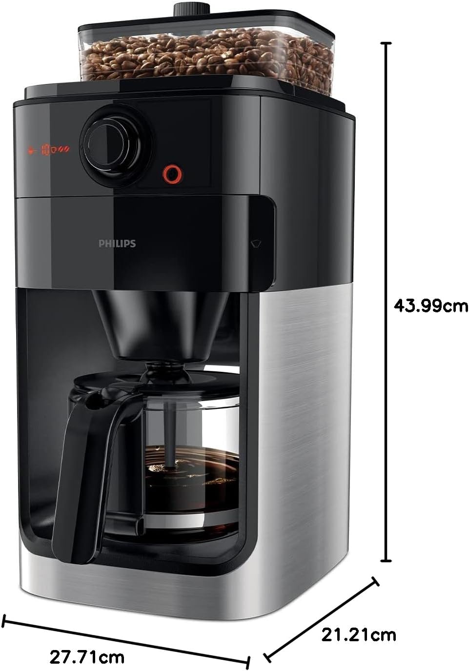 Philips Macchina da Caffè Americano con Macinacaffè - Caraffa in Vetro da 1.2 L, 12 Tazze, Nero/Metallo (HD7767/00)