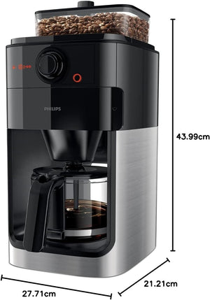 Philips Macchina da Caffè Americano con Macinacaffè - Caraffa in Vetro da 1.2 L, 12 Tazze, Nero/Metallo (HD7767/00)