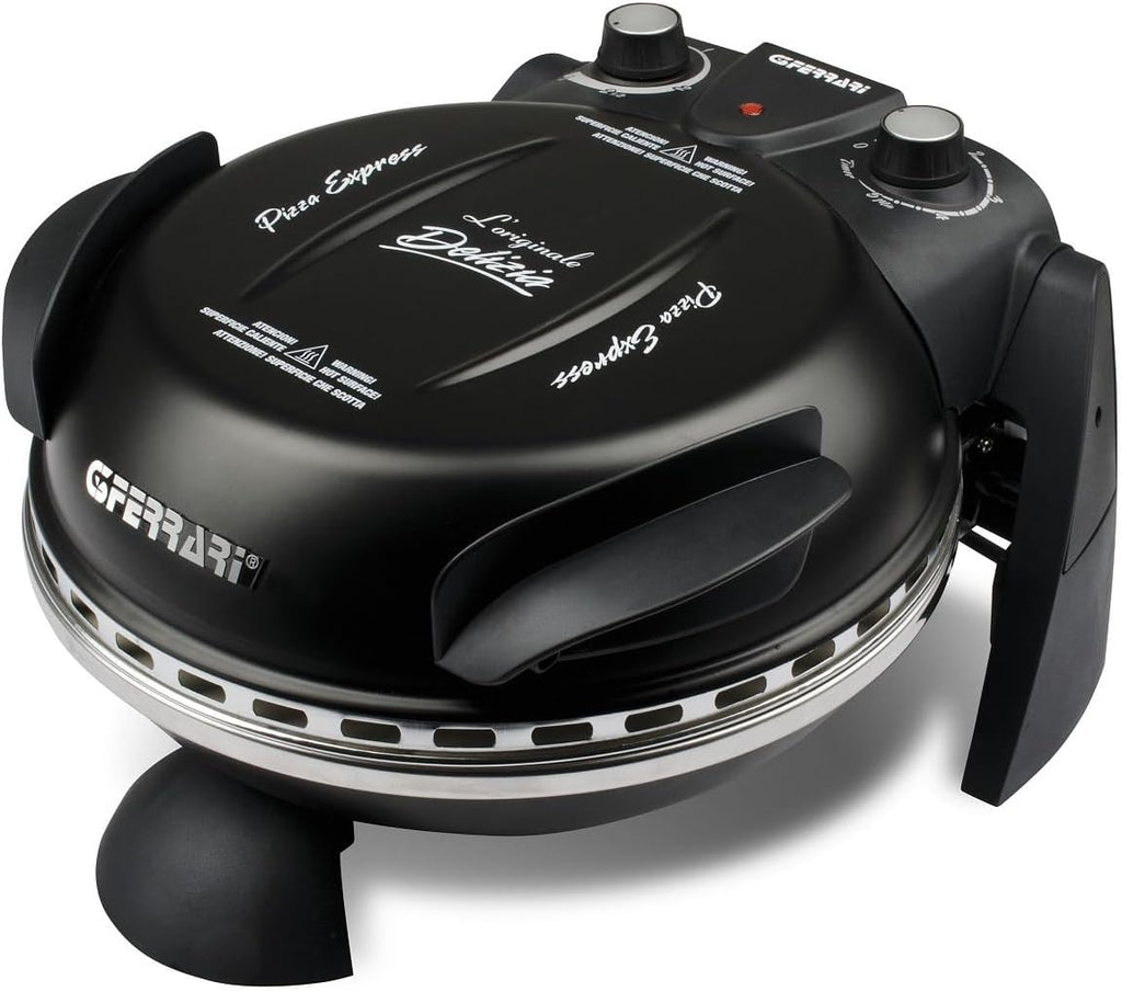 G3 Ferrari G1000610 Pizza Express Delizia, Forno Pizza, 1200 W, Termostato regolabile 400°C, Pizza fragrante in 5 minuti, Doppia resistenza riscaldante, Ricettario e Palette inclusi Nero