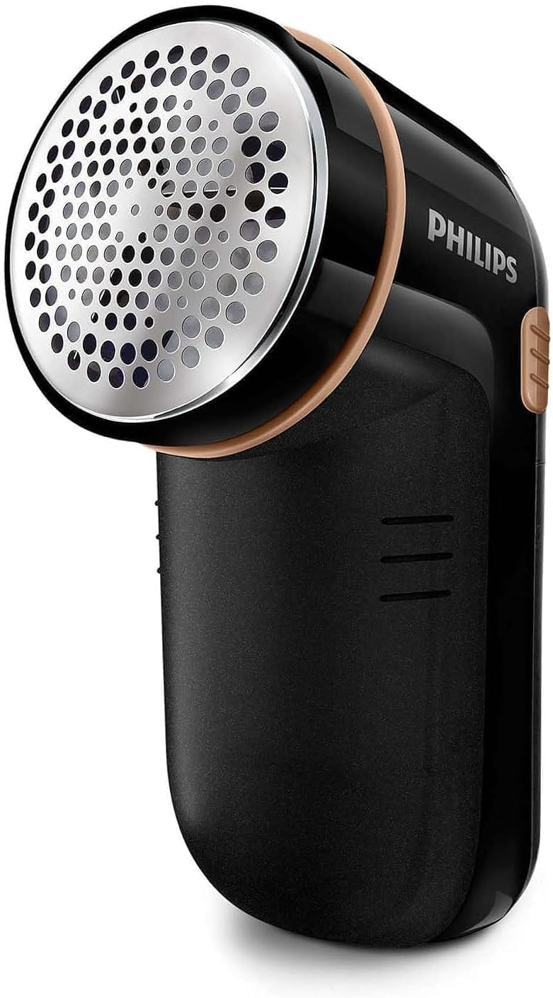 Philips Accessori Stiro Levapelucchi Alimentazione a Batteria, Contenitore Pelucchi Removibile, Spazzolina per la Pulizia, Schwarz/Gold