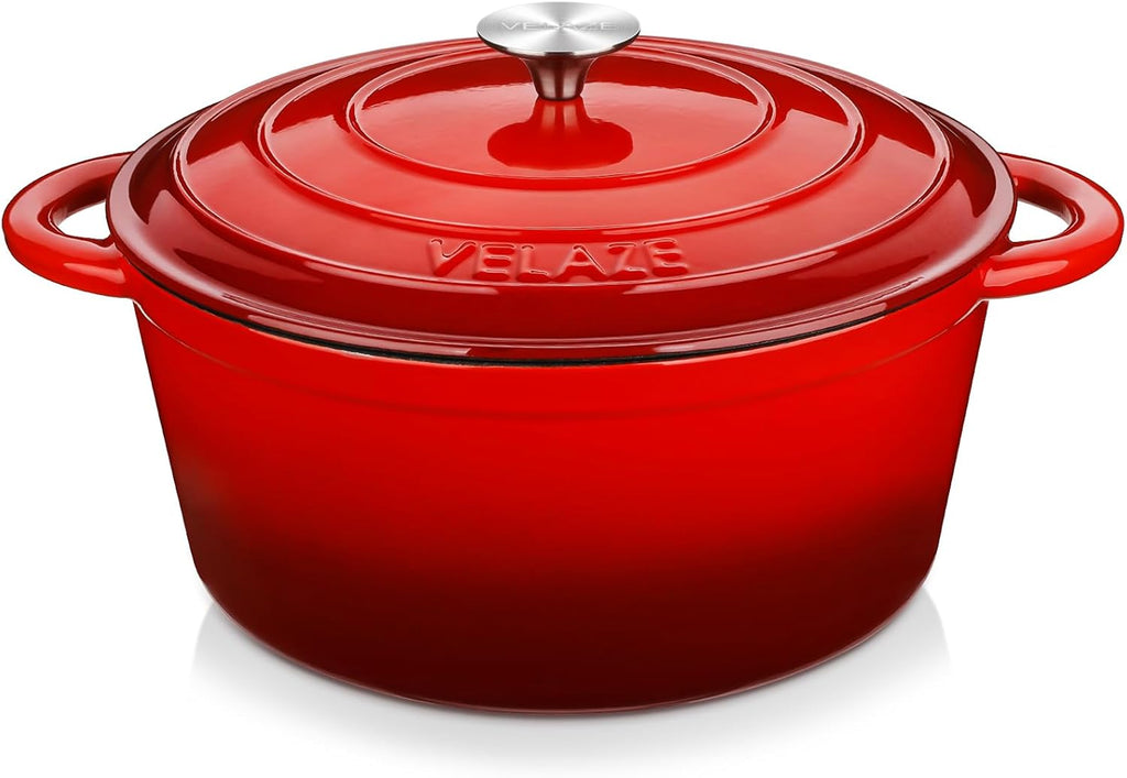 Velaze Casseruola in Ghisa, Pentola a Induzione per Stufati, Cocotte Casseruola con Coperchio in Rivestimento Smaltato, Forno Olandese, Rosso, Rotondo - 29 cm, 6,5 L