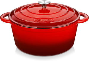 Velaze Casseruola in Ghisa, Pentola a Induzione per Stufati, Cocotte Casseruola con Coperchio in Rivestimento Smaltato, Forno Olandese, Rosso, Rotondo - 29 cm, 6,5 L