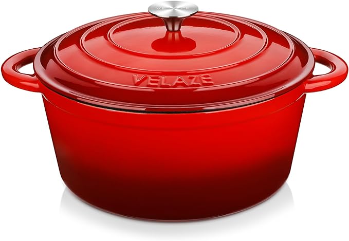 Velaze Casseruola in Ghisa, Pentola a Induzione per Stufati, Cocotte Casseruola con Coperchio in Rivestimento Smaltato, Forno Olandese, Rosso, Rotondo - 29 cm, 6,5 L