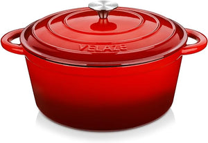 Velaze Casseruola in Ghisa, Pentola a Induzione per Stufati, Cocotte Casseruola con Coperchio in Rivestimento Smaltato, Forno Olandese, Rosso, Rotondo - 29 cm, 6,5 L