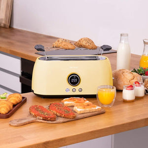 Cecotec ClassicToast 15000 Tostapane digitale extra doppio giallo 1500 W, 2 slot extra larghi per 4 toast, display digitale, 3 funzioni, aste superiori, design retrò, colore giallo