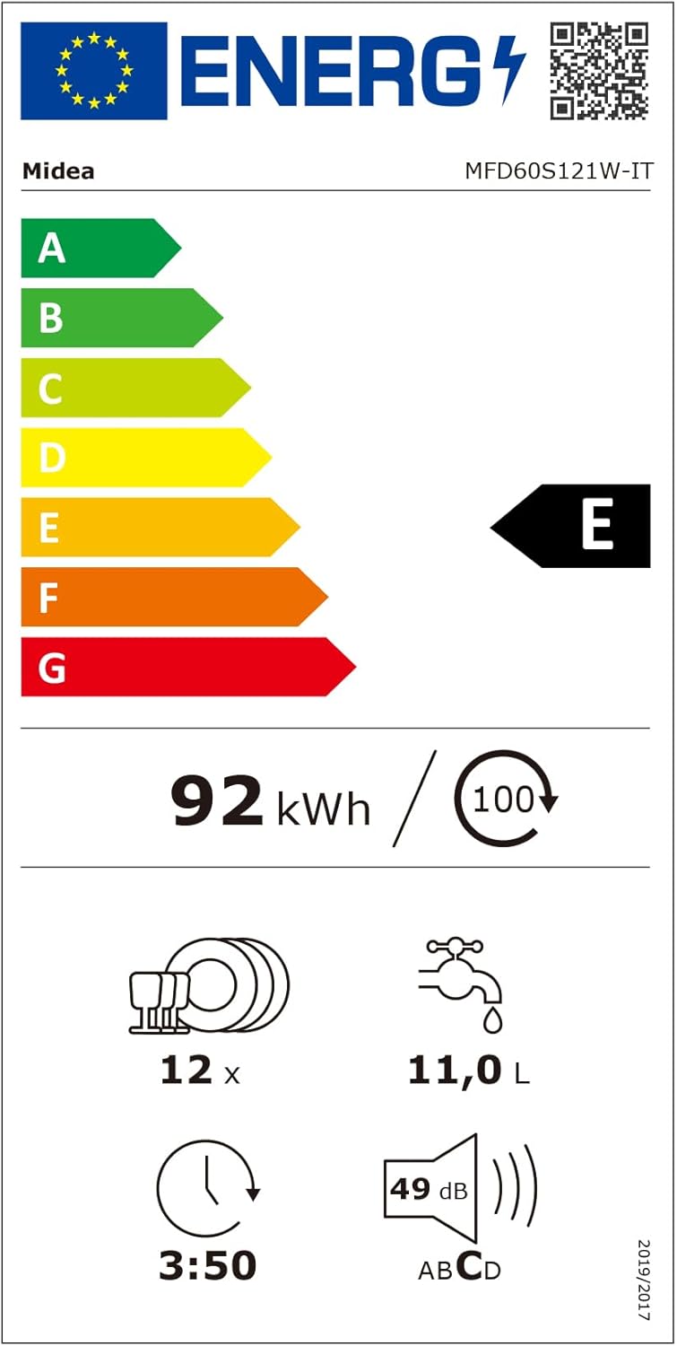 Midea MFD60S121W-IT Lavastoviglie Libera Installazione con 12 coperti, 6 Programmi, Partenza Ritardata, Funzione di Mezzo Carico, 60 cm - Bianco