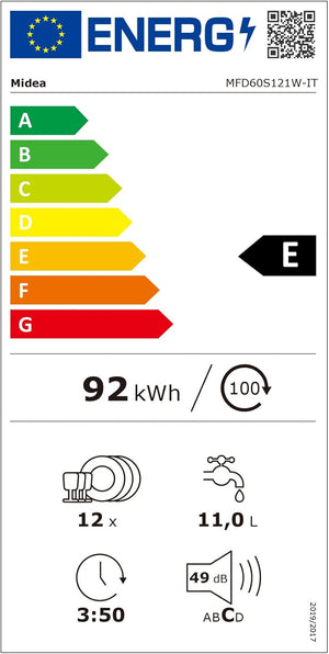 Midea MFD60S121W-IT Lavastoviglie Libera Installazione con 12 coperti, 6 Programmi, Partenza Ritardata, Funzione di Mezzo Carico, 60 cm - Bianco