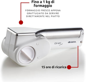 Ariete 44 Gratì Metal - Grattugia Elettrica Senza Filo - 1 kg formaggio con 1 ricarica - 2 rulli fori grandi e fini - bianco e argento