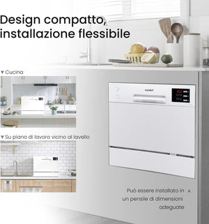 COMFEE' Lavastoviglie compatta da tavolo TD602E-W Mini lavastoviglie con 6 coperti, 6 programmi, display a LED, avvio ritardato e funzione di lavaggio nelle Ore non di Punta - Bianco