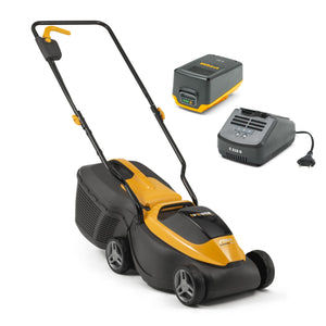 Stiga Tagliaerba a Batteria Collector 136e Kit, Per Giardini Fino a 250 m², Larghezza Taglio 34 cm, Batteria ePower da 20 V (2 x 2 Ah), 550 W, 2 Batterie e Caricatore Inclusi, giallo