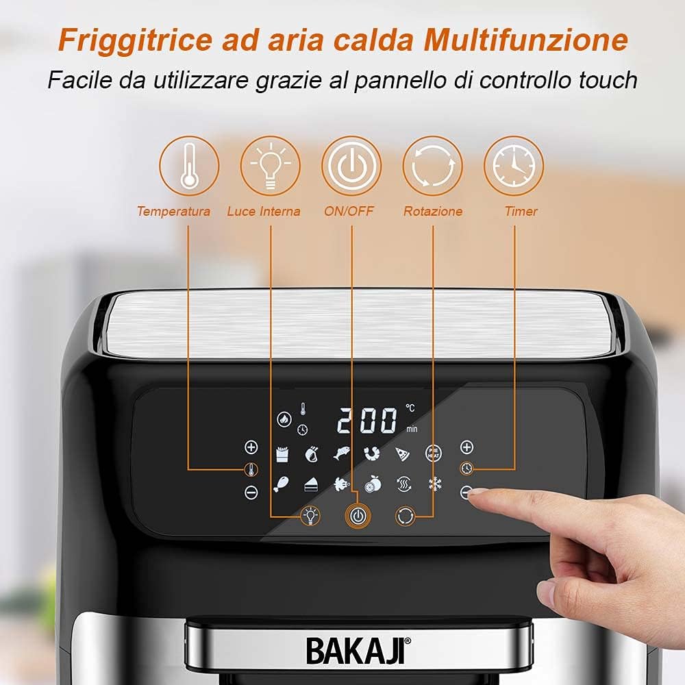 Bakaji Forno Friggitrice ad Aria Calda Frigge Cuoce Griglia Essicca Senza Olio Airfryer Capacità 12Lt Display LED Touch 12 Programmi Timer Regolazione Temperatura Potenza 1800W (Nero)