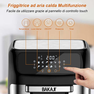 Bakaji Forno Friggitrice ad Aria Calda Frigge Cuoce Griglia Essicca Senza Olio Airfryer Capacità 12Lt Display LED Touch 12 Programmi Timer Regolazione Temperatura Potenza 1800W (Nero)