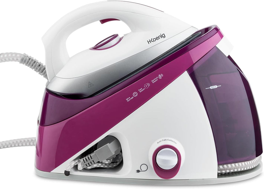 H.Koenig Ferro da stiro con caldaia V26, alta pressione 6 bar, vapore continuo 150 g/min, autonomia illimitata, stiratura verticale, piastra in ceramica EasyGlide, potente 2400W, 1,1L, anticalcare
